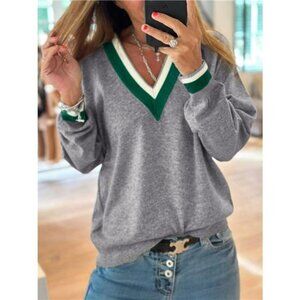 Contrast Striped Trim V Neck Varsity Sweater